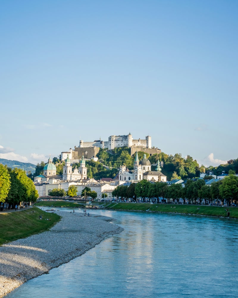 Festung Hohensalzburg, the medieval fortress crowning the Festungsberg at 506 metres above sea level (~150 metres above Salzburg's old town), Austria — built 1077 by Archbishop Gebhard and never taken by force in over 900 years.